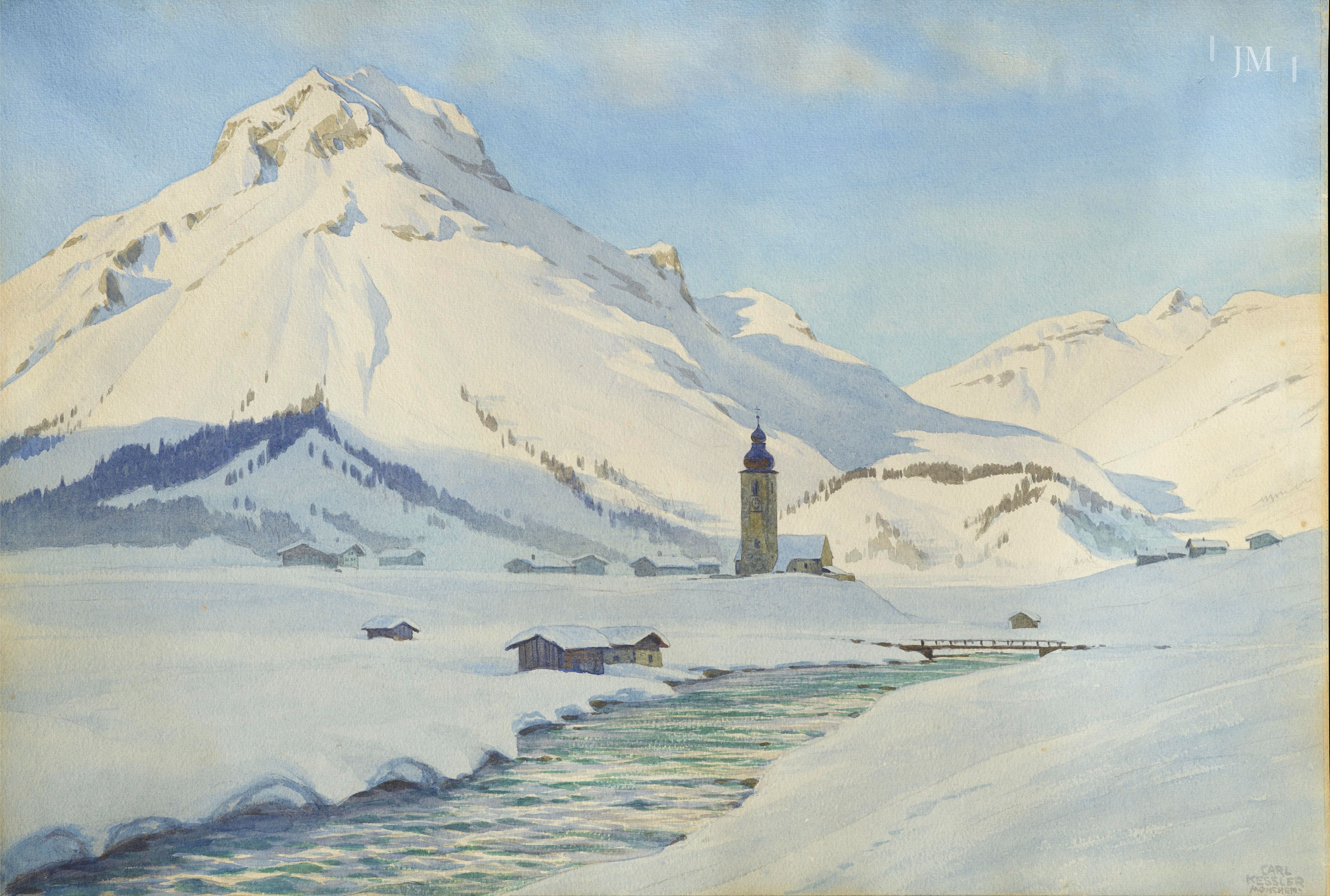 St. Nikolaus church in Lech with the Widderstein, Vorarlberg, Austria.